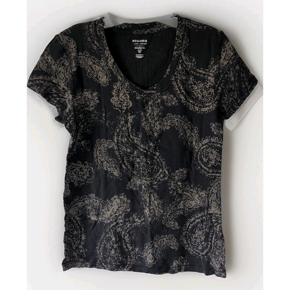 Sonoma The Everyday Tee Size PM V-Neck Black Short Sleeve Womens T-Shirt